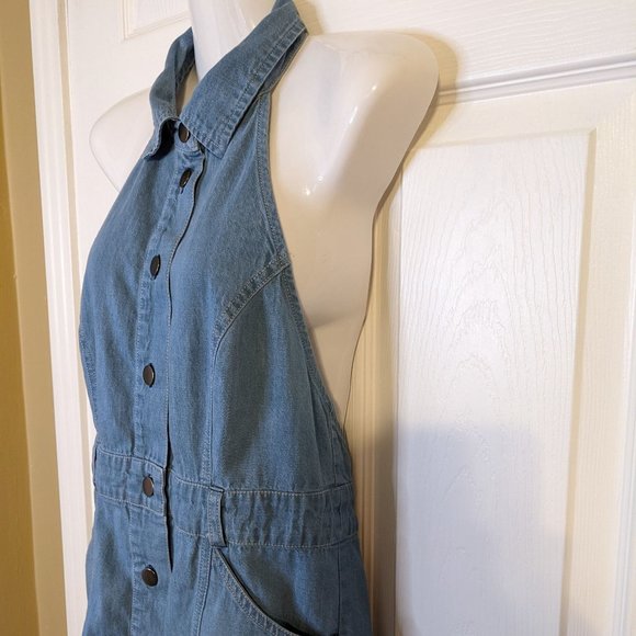 Free People Sami Medium Wash Denim Button-Front Halter Mini Dress - size XS - Picture 7 of 11